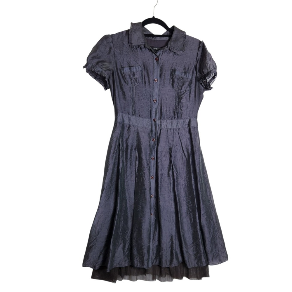 Pierre Cardin Paris Gray Crinkle Tencel Puff Sleeve Button Front Ruffle Dress